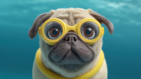 A charming pug adorned with playful yellow glasses and a matching sweater, set against a whimsical underwater backdrop, radiating joy and curiosity.の素材