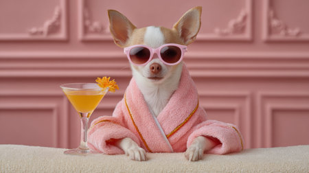 A fashionable chihuahua relaxes in a plush robe and stylish sunglasses, enjoying a refreshing cocktail, set against a vibrant pink backdrop.の素材
