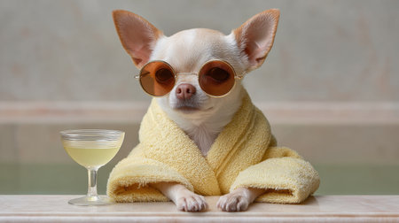 A chic Chihuahua steals the spotlight while lounging in a bathrobe, sporting stylish sunglasses, and enjoying a refreshing drink. Perfect for conveying luxury and fun!の素材