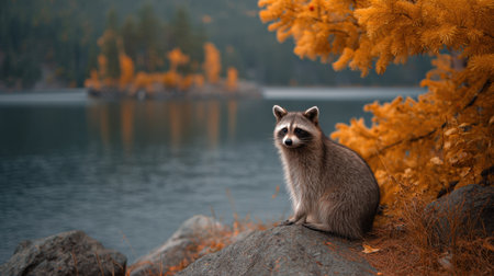 A raccoon rests comfortably on a rock by a tranquil lake, surrounded by vibrant autumn foliage. The serene scene captures the beauty of nature and wildlife.の素材