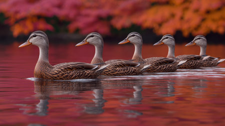 A peaceful scene featuring a group of ducks gracefully swimming in a calm lake, framed by stunning autumn foliage in vibrant shades of red and orange.の素材