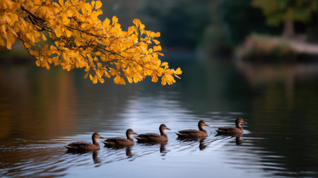 This captivating image showcases a group of ducks gliding gracefully across a calm water surface, complemented by vibrant golden autumn leaves overhead.の素材