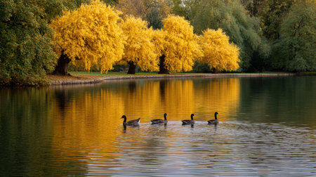 A breathtaking autumn scene featuring ducks gliding on a tranquil lake, with golden trees providing a stunning backdrop and reflections on the water.の素材