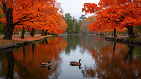 Experience a tranquil autumn scene featuring vibrant orange trees reflecting on a serene pond, accompanied by ducks swimming peacefully in the water.の素材