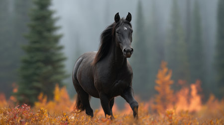 A stunning black horse strides through an autumn landscape, surrounded by vibrant foliage and gentle mist, embodying beauty and freedom in nature.の素材