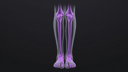 A captivating illustration of the human skeletal structure, highlighting the bones of the legs and feet in vivid purple. Ideal for educational use.の素材