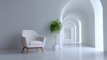 This modern minimalist interior showcases a white chair and a potted plant in a bright hallway with arches, creating a serene and inviting atmosphere.の素材