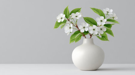 A serene display featuring delicate white blossoms and vibrant green leaves in a smooth ceramic vase, perfect for enhancing modern home interiors.の素材
