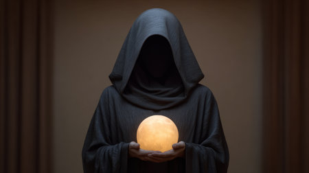 A cloaked figure stands in a dimly lit space, holding a glowing orb that emanates warmth, creating a serene and mystical atmosphere.の素材
