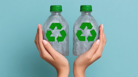 Two hands gently hold recyclable plastic bottles featuring green recycling symbols, promoting environmental consciousness and responsible waste management.の素材