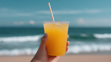 A vibrant tropical drink with ice held in a hand against a stunning ocean backdrop. The clear sky and gentle waves create an inviting summer atmosphere perfect for relaxation and enjoyment.の素材