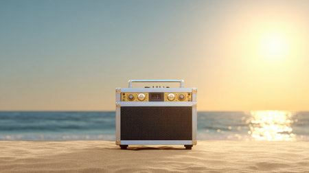 A vintage portable radio sits on a sandy beach under the warm glow of sunset. The ocean waves gently reflect light, evoking a sense of tranquility and nostalgia.の素材