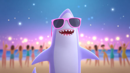 A whimsical cartoon shark wearing stylish pink sunglasses celebrates at a lively beach party, surrounded by joyful partygoers dancing and enjoying summer vibes.の素材