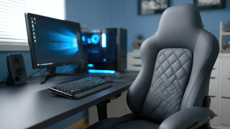 A sleek and modern gaming workspace features an ergonomic chair, a high-end keyboard, and multiple monitors, creating a stylish and productive environment.の素材