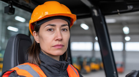 A determined female operator wearing a safety helmet and gear stands confidently in a warehouse. The modern industrial setting showcases her role in logistics and machine operation.の素材
