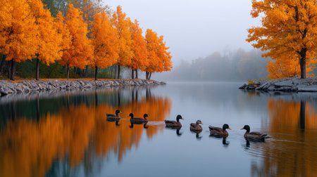 A tranquil autumn scene features a calm lake reflecting vibrant orange trees and a line of ducks gliding peacefully through the misty water.の素材