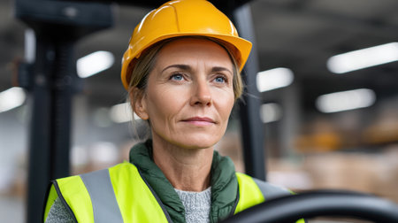 A determined female warehouse worker focuses on operating a forklift, demonstrating safety and professionalism in an industrial space full of supplies.の素材