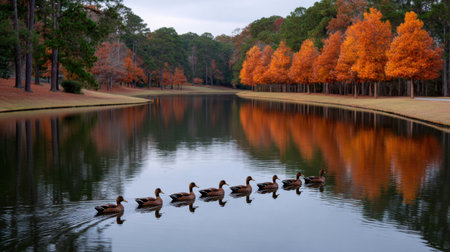 This tranquil autumn scene features a line of ducks gliding across a calm lake, with vibrant orange trees reflecting in the water, showcasing natureの素材