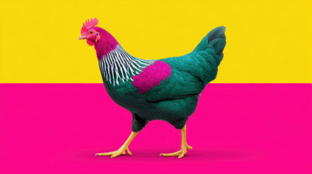 A striking image of a colorful chicken walking against a vibrant yellow and pink background, showcasing unique feathers and playful personality. Perfect for creative projects.の素材