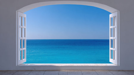This image captures a stunning view of the ocean through open white windows, showcasing clear blue skies and tranquil waters, perfect for relaxation.の素材