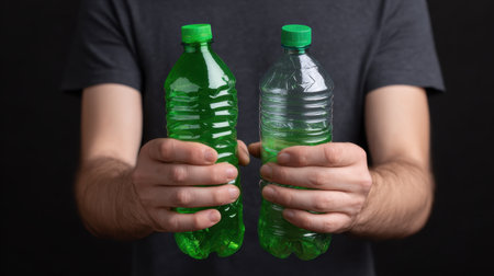 A detailed comparison of two plastic bottles held in hands, showcasing one filled with vibrant green liquid and the other with clear water, illustrating environmental contrasts.の素材