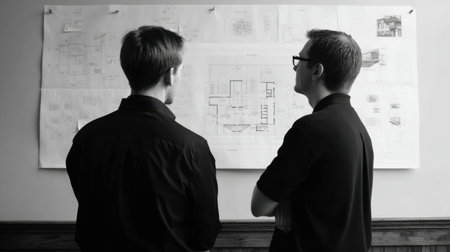 Two men attentively observe architectural plans, engaging in a focused discussion. The black-and-white setting enhances the professional atmosphere of creativity and collaboration.の素材