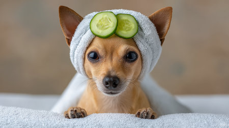 A cute Chihuahua sitting in a spa-like setting, wearing a towel and cucumber slices on its head, radiating calm and relaxation. Perfect for pet lovers.の素材