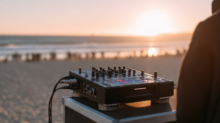 A scenic view of DJ equipment set up on the beach during a stunning sunset. Waves crash nearby while a lively crowd enjoys the music and atmosphere.の素材