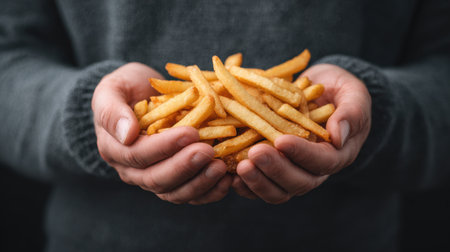 A close-up shot of freshly cooked crispy french fries held in both hands, showcasing their golden color and texture against a dark background. Ideal for food-related themes.の素材