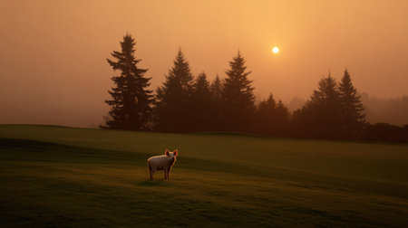 A curious pig gracefully stands on a lush golf course as the sun rises just above the horizon, surrounded by a serene landscape of evergreen trees and soft fog.の素材