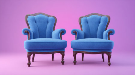 This image features a pair of elegant blue armchairs against a vibrant gradient pink background, perfect for showcasing stylish interior design elements.の素材