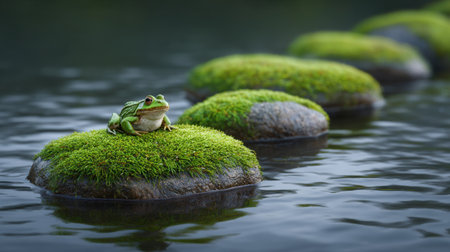 A vibrant frog rests on a stone covered in lush moss, surrounded by calm water and greenery. This serene scene captures the essence of tranquility in nature.の素材