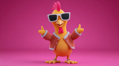 A vibrant cartoon chicken character wearing stylish sunglasses and a fashionable outfit stands confidently against a bright pink background, exuding fun and playfulness.の素材