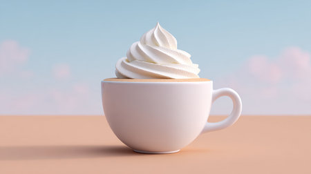 A delightful cup filled with fluffy whipped cream, perfectly styled against a serene pastel sky, evoking feelings of sweetness and indulgence.の素材