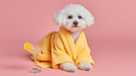 Adorable fluffy dog dressed in a cozy yellow bathrobe sits beside a refreshing cocktail with lemon on a vibrant pink background, exuding charm and relaxation.の素材