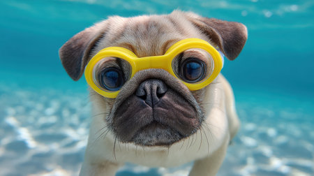 A delightful pug with yellow swimming goggles enjoys a playful moment underwater, showcasing a charming personality and vibrant aquatic scenery.の素材
