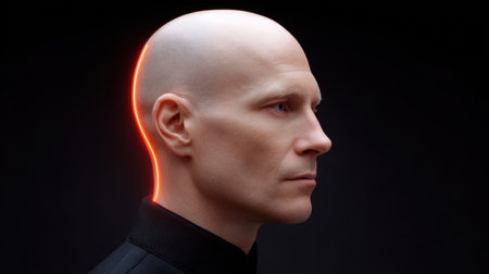 This artistic portrait features a bald man in profile against a dark background, highlighted by a glowing line at the neck, conveying a modern, futuristic vibe.の素材