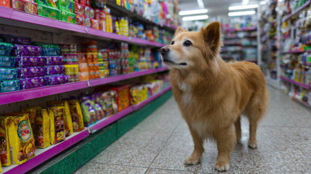 A curious dog stands in a vibrant pet store aisle, surrounded by colorful products and treats, showcasing the joy of shopping for pets.の素材