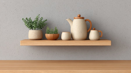 This elegant minimalist kitchen shelf features a modern stoneware teapot complemented by succulent plants, creating a warm and inviting atmosphere.の素材