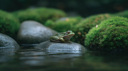 A serene green frog perches on smooth stones above calm water, surrounded by vibrant moss, capturing the tranquil beauty of a natural habitat.の素材