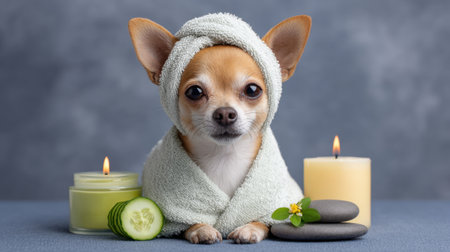 This charming Chihuahua, wrapped in a soft towel, enjoys a serene spa moment surrounded by candles and cucumber slices, embodying relaxation and pampering.の素材