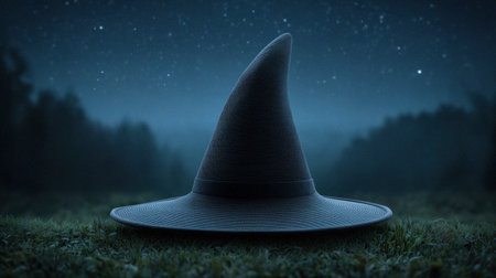 A striking image of a solitary witch hat sitting on the grass under a starry night sky. This enchanting scene evokes mystery and fantasy.の素材