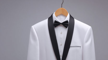 This image features an elegant white tuxedo suit paired with a classic black bow tie, showcased on a wooden hanger. Perfect for formal events.の素材