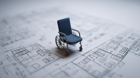 A detailed image of a miniature wheelchair model placed on an architectural blueprint, showcasing intricate floor plans and design elements.の素材