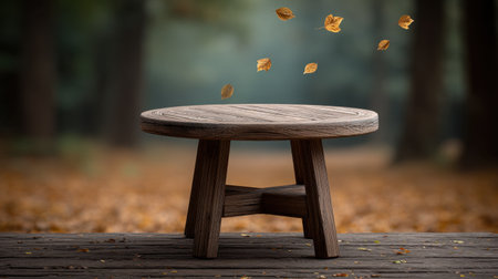 A rustic wooden table stands prominently in a tranquil forest, surrounded by gently falling autumn leaves. The scene captures a serene moment in nature.の素材