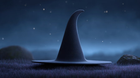A captivating witch hat rests alone in a serene landscape, surrounded by an enchanting atmosphere under a starry night sky. The soft, dark grass enhances the mystical vibe.の素材