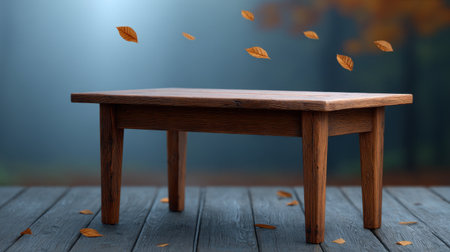 A rustic wooden table stands gracefully amidst gently falling leaves in a serene autumn setting. The warm tones and natural textures evoke tranquility and elegance, perfect for design inspiration or cozy decor themes.の素材