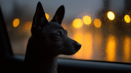 A serene black dog sits by a car window, gazing wistfully at the rainy night outside, with soft warm lights creating a beautiful bokeh effect.の素材