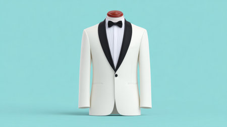 This image features an elegant white tuxedo jacket showcased on a mannequin against a vibrant blue background, perfect for formal occasions.の素材