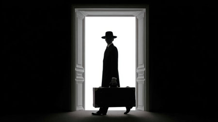 A captivating silhouette of a man in a hat stands at the threshold of a doorway, holding a suitcase against a bright backdrop, evoking mystery and adventure.の素材